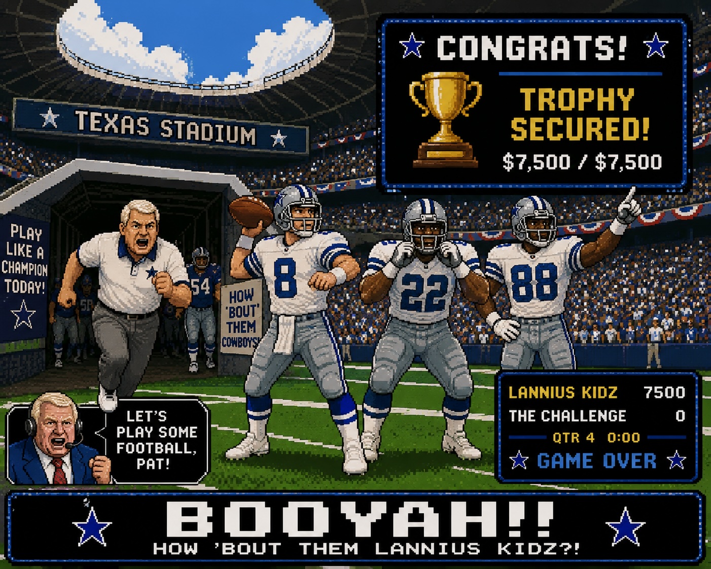Retro pixel football championship celebration for the Lannius Kidz Zone Challenge